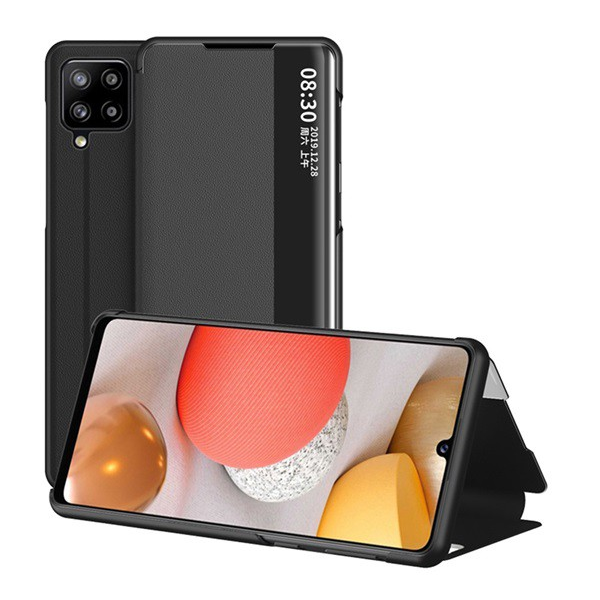 Tok álló, bőr hatású (aktív FLIP, oldalra nyíló, asztali tartó funkció, hívószámkijelzés, View Window) FEKETE [Samsung Galaxy A42 5G (SM-A425F)] (5996591037240)
