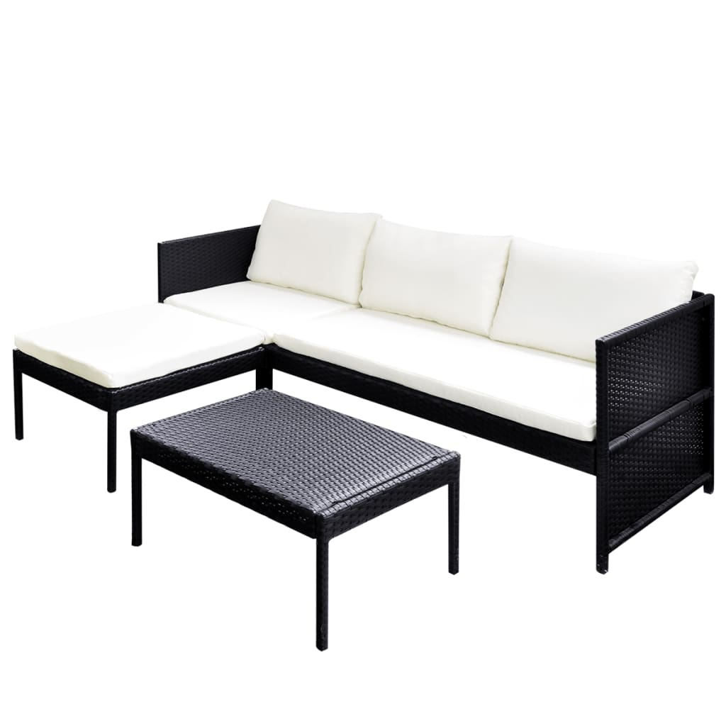 3-részes fekete polyrattan kerti bútorszett párnákkal (41382)