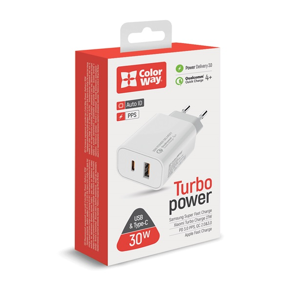 Colorway USB-A / USB-C Hálózati Gyorstöltő Adapter 30W - Fehér (CW-CHS037PD-WT)