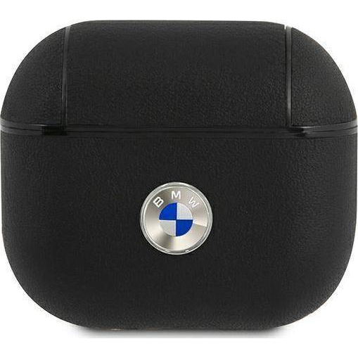 OVITEK BMW IZ PRAVEGA USNJA ZA AIRPODS 3 ČRN S SREBRNIM LOGOTIPOM