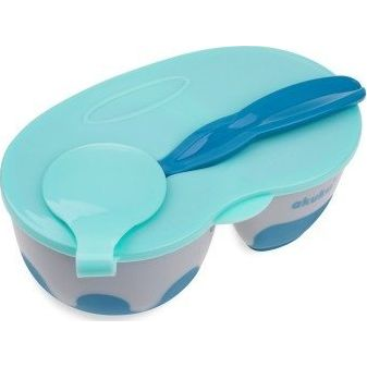 Akuku etetőtál kétkamrás tetővel és kanállal szürke-kék (AKUKU-3812)