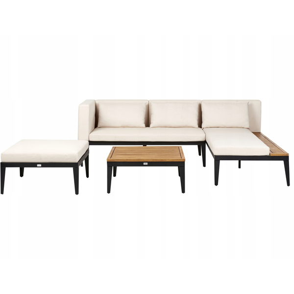Conjunto De Jardín 3 Plazas De Madera De Acacia Certificada Sofá Esquinero Con Mesa De Centro Y Otomana Cojines Beige Claro Izquierdo Bracciano