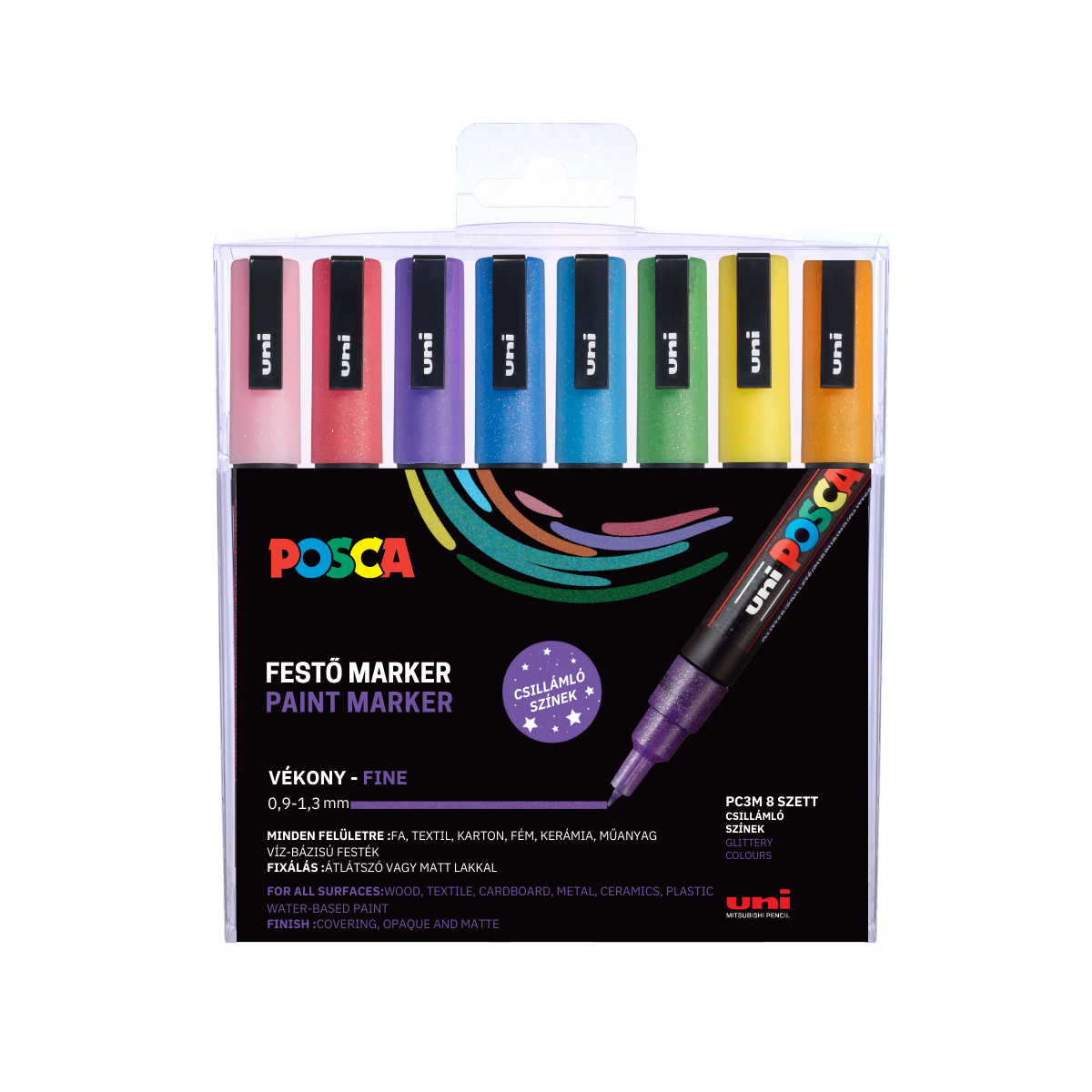 Uni Posca PC-3ML0,9-1,3mm Csillogó Dekormarker készlet - Vegyes színek (8 db / csomag) (2UPC3MLCSKL)