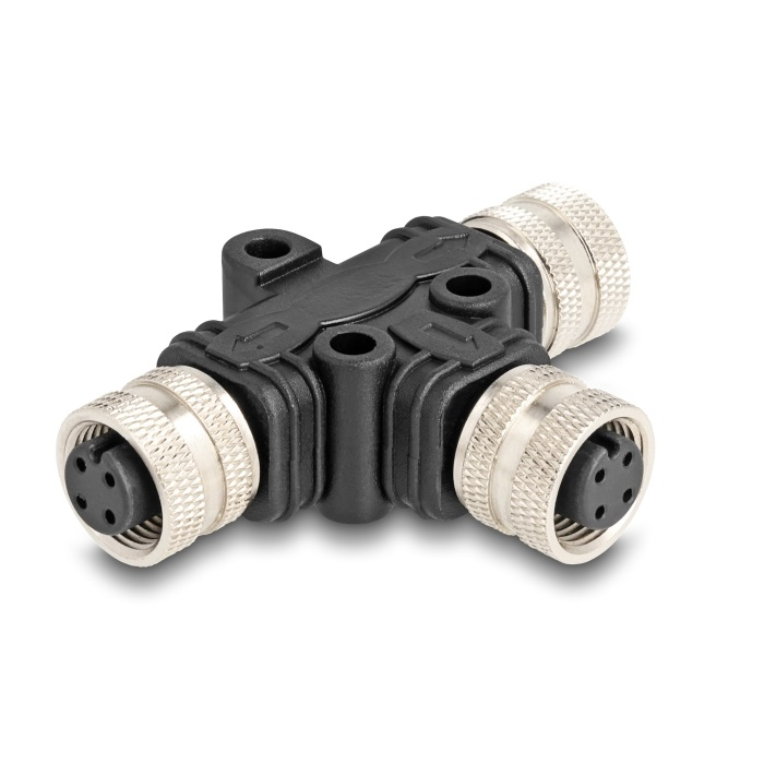 Delock M12 T-megosztó A-kódolt 4 tűs 1 x hüvely - 2 db. hüvely párhuzamos kapcsolással (60579) (60579)