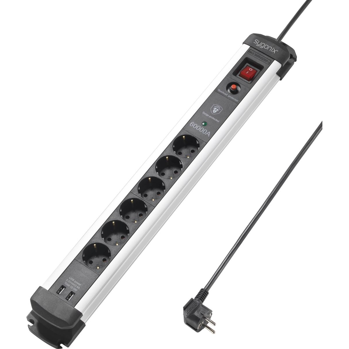 Sygonix SY-4538280 Túlfeszültség ellen védő elosztó, 6 részes, fekete/ezüst 3m (SY-4538280)