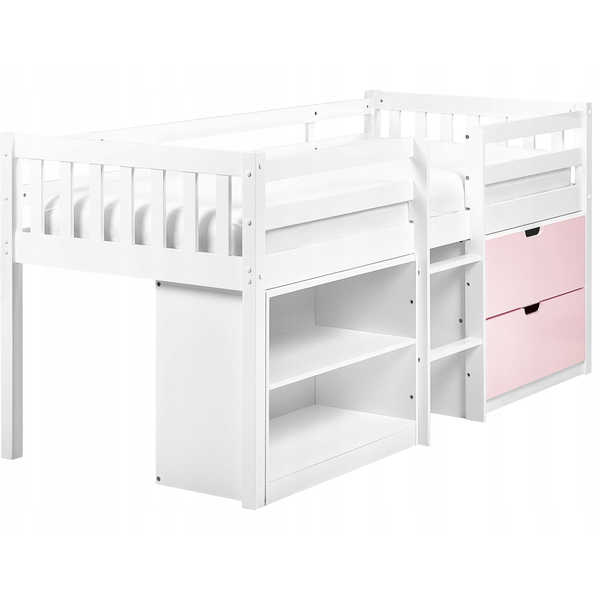 Cama Con Somier Y Almacenaje Infantil 90 X 200 Cm Cajones Y Estantes De Madera De Caucho Blanco Y Rosa Susville