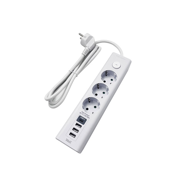WELL Hálózati elosztó 3-as, 3x USB-A, 1x USB-C, 3m, fehér (EXTS-3S3M-USBC4-WL )