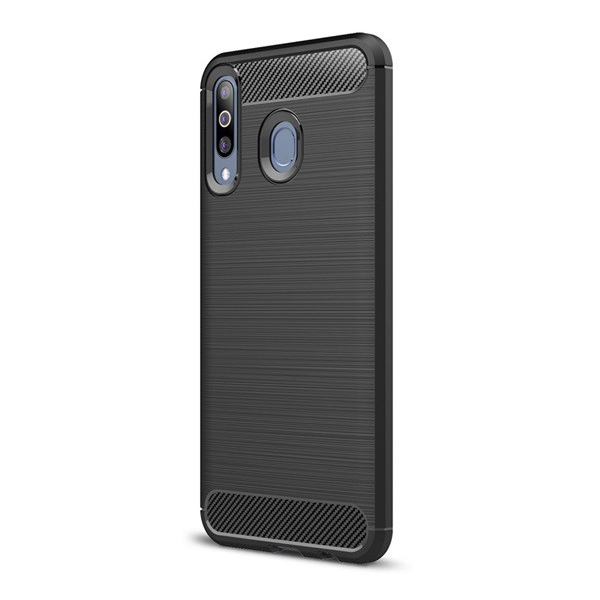 Szilikon telefonvédő (közepesen ütésálló, légpárnás sarok, szálcsiszolt, karbon minta) FEKETE [Samsung Galaxy M30 (SM-M305F)] (5996457873388)