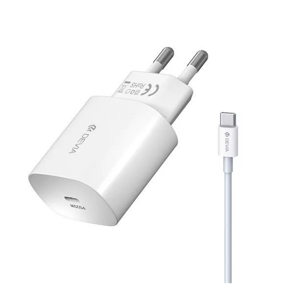 DEVIA hálózati töltő Type-C aljzat (25W, gyorstöltő + Type-C kábel) FEHÉR, RLC-383 (6938595383373)