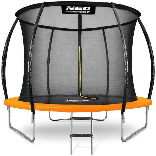 Kerti trambulin, Neo-Sport, fekete/narancssárga, átmérő: 252 cm, kerek, magasság: 55 cm, 180 cm belső védőháló, létra, acél váz, 3 dupla láb, 100 kg teherbírás, 42 db rugó, íves oszlopok