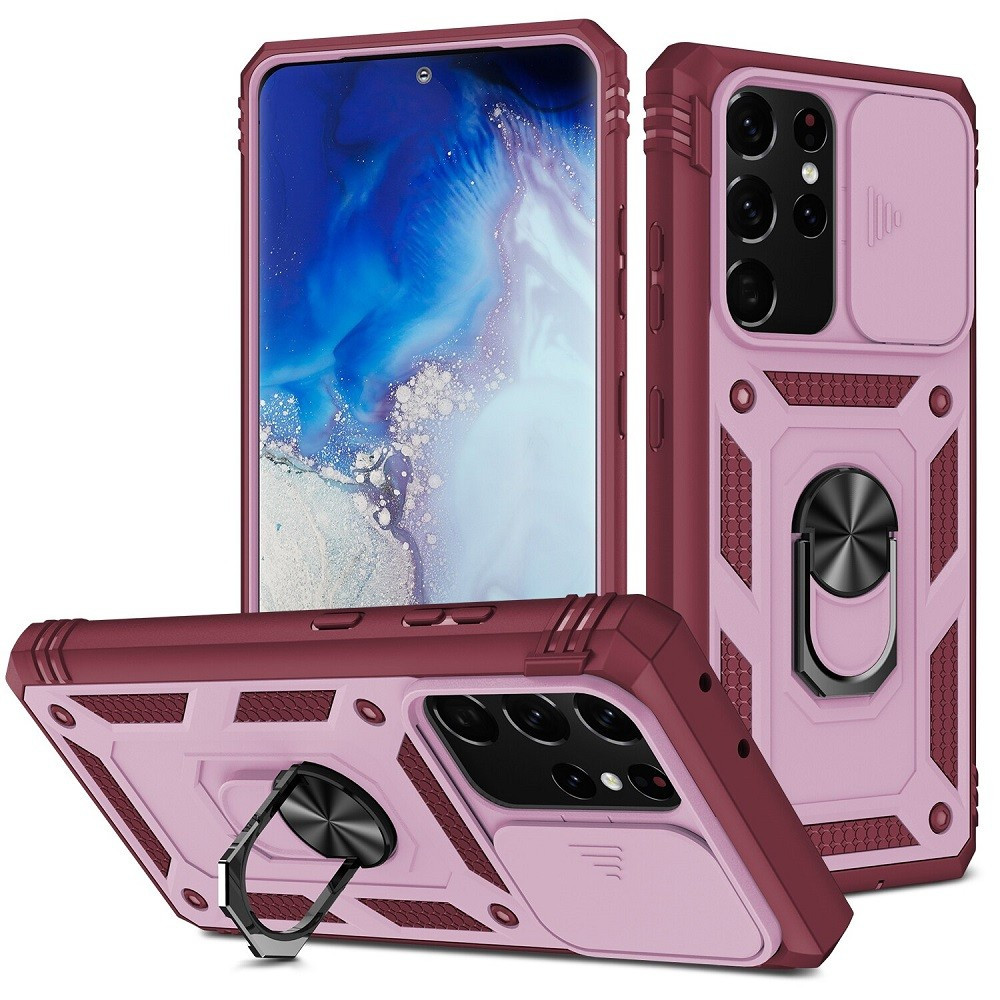 Apple iPhone XS Max, Műanyag hátlap védőtok és előlapi keret, szilikon belső, közepesen ütésálló, kamera védelem, telefontartó gyűrű, Wooze Military Armor, piros/rózsaszín (116917)