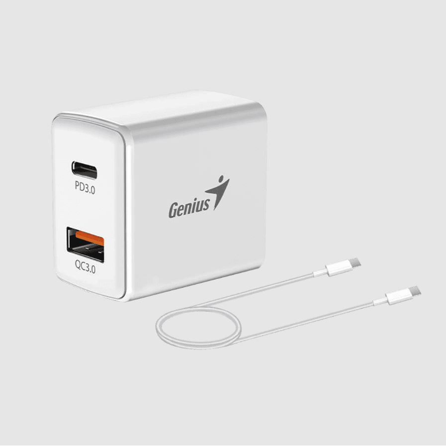 Genius PD-20ACP 20W USB-A, Type-C hálózati töltő adapter fehér és USB-C - USB-C kábel (32590009400) (32590009400)