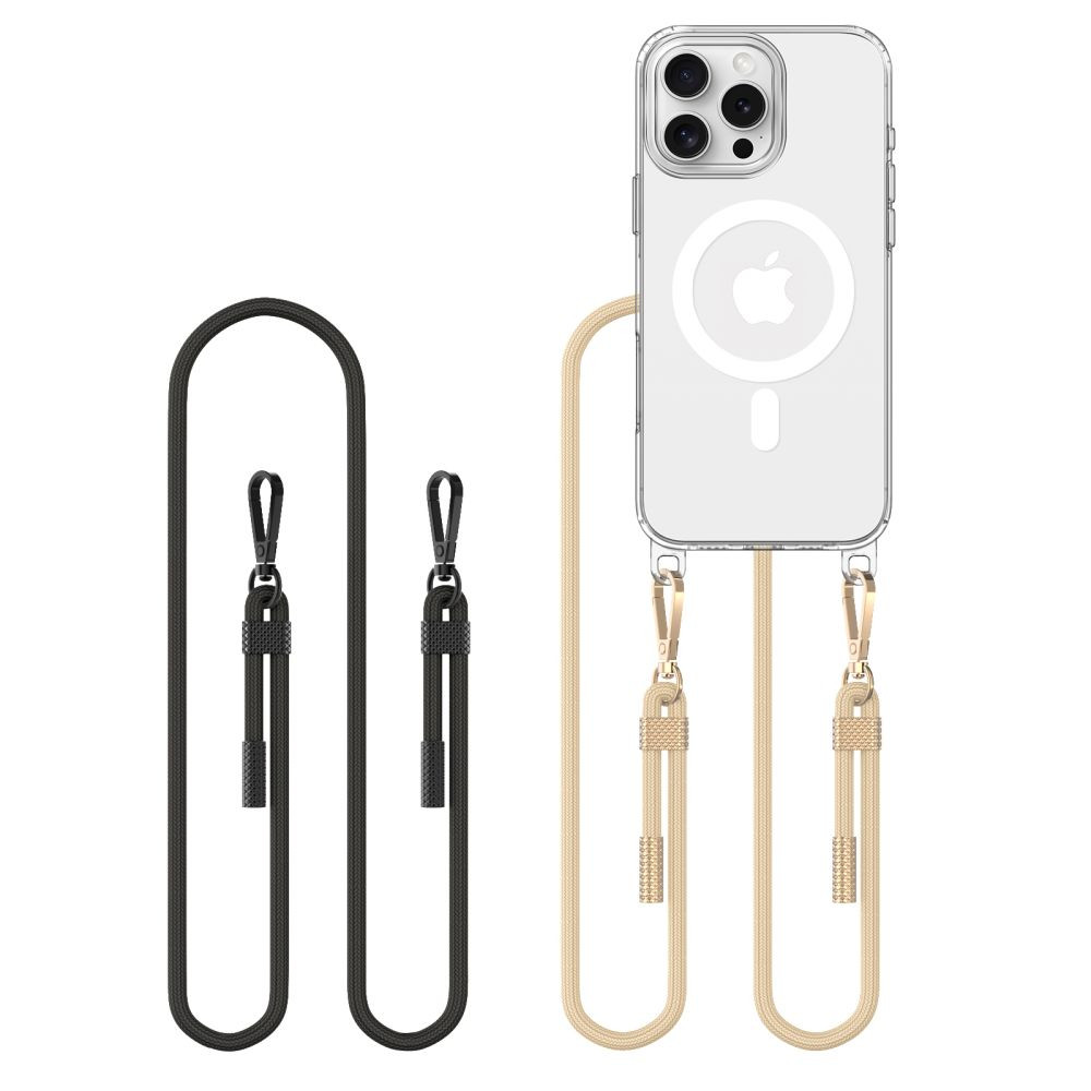 Apple iPhone 16 Pro Max, Szilikon védőkeret + műanyag hátlap, nyakbaakasztó, Magsafe töltővel kompatibilis, FlexAir Chain Magsafe, átlátszó (fekete, beige) (5906302311736)