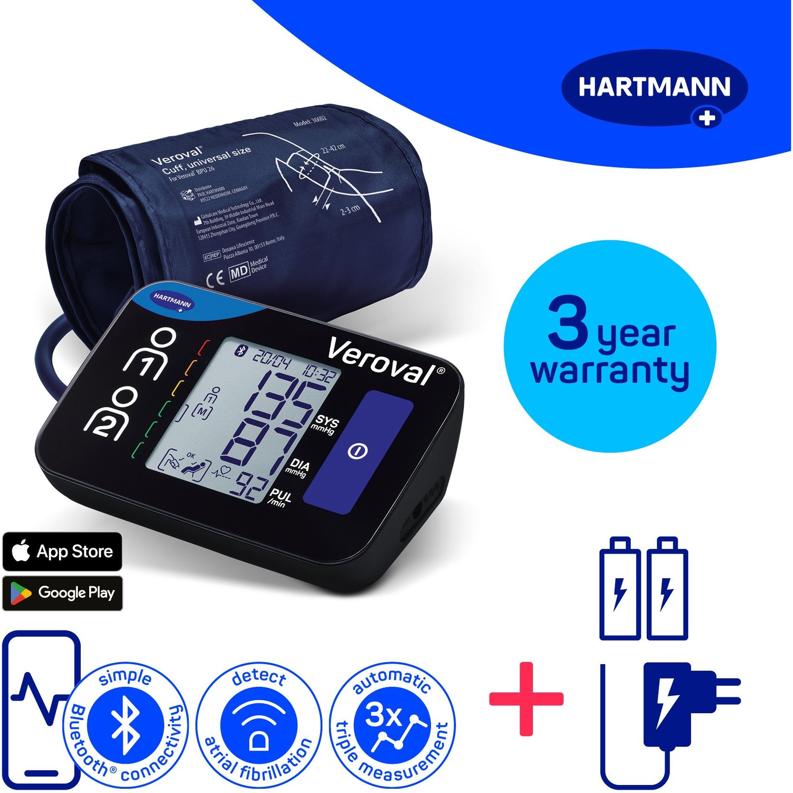 HARTMANN Veroval Compact + Connect, AFIB és Bluetooth csatlakozás + adapter (szett), 3 év garancia (3900880)