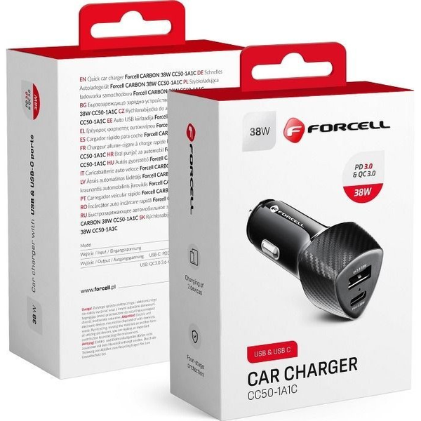Szivartöltő fej, autós töltő, USB + USB-C (Type-C) port, QC3.0, 18W+20W, carbon mintás, fekete, Forcell CC50-1A1C