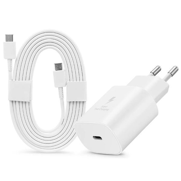 Samsung gyári hálózati töltő adapter USB-C bemenettel + USB-C-USB-C 1,8m kábel 25W eco csomagolás (EP-TA800EWE + EP-DA767JWE)