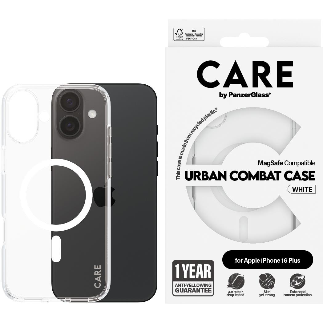 PanzerGlass CARE Apple iPhone 16 Plus MagSafe Urban Combat átlátszó/fehér nem sárguló tok (1339)
