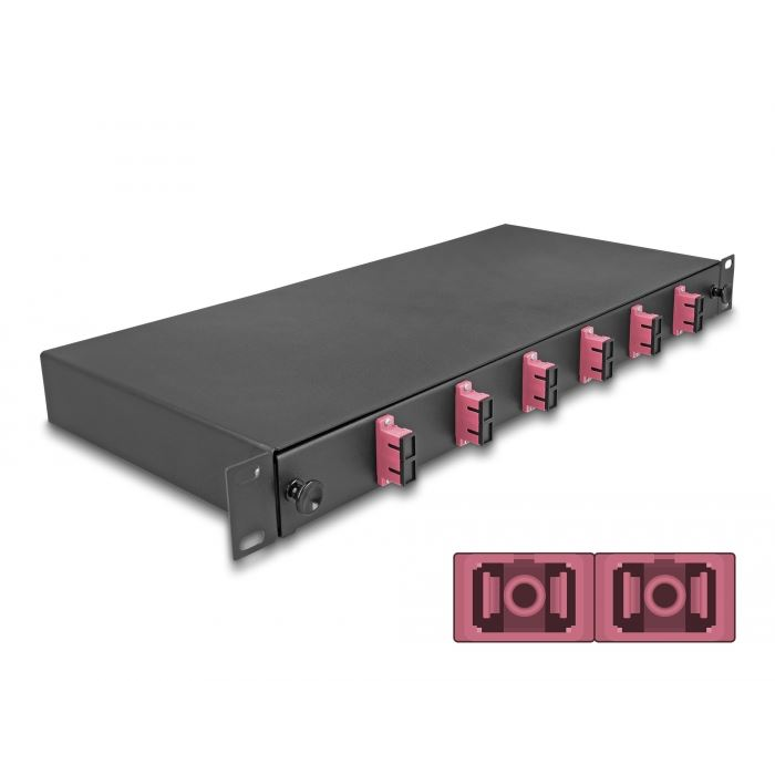 Delock 19” hosszú sínekbe rögzítéshez optikai szálösszefűző doboz, 6db SC Duplex OM4 1U, kompletten összeszerelve (67002) (delock67002)