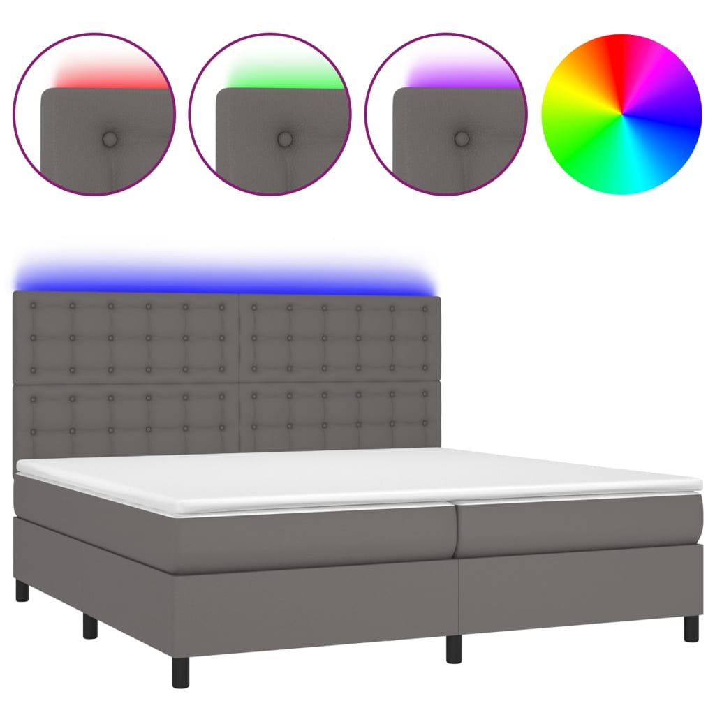 szürke műbőr rugós ágy matraccal és LED-del 200x200 cm (3135967)