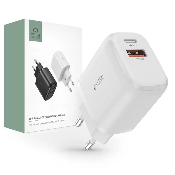 Incarcator retea TECH-PROTECT C20W, USB/USB-C, Quick Charge 3.0, Power Delivery 20W, Alb
