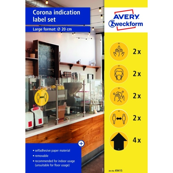Avery 49415 20cm sárga 12db-os 5 féle koronavírus információs címke szett (49415)