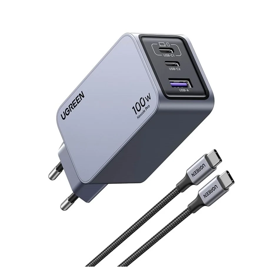 Ugreen Nexode Pro EU 3-Port GaN PD Fast Charger With USB-C Cable Univerzális Fekete, Szürke AC Gyorstöltés Beltéri (25874)