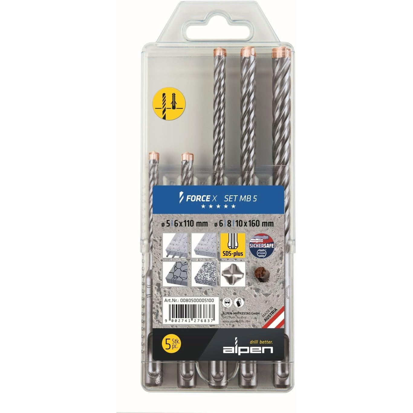 Alpen 80500005100 SDS+ FORCE X MB 5 Fúrószár készlet (5db / csomag) (80500005100)