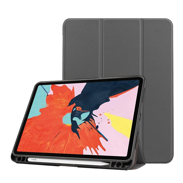 Tok álló, bőr hatású (aktív FLIP, oldalra nyíló, TRIFOLD asztali tartó funkció, Apple Pencil tartó) SZÜRKE [Apple IPAD Air 2022] (5996591017129)