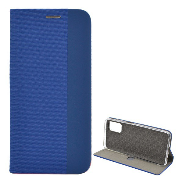 Tok álló, bőr hatású (FLIP, oldalra nyíló, asztali tartó funkció, textil minta) KÉK [Samsung Galaxy A03s (SM-A037F)] (5996591114767)