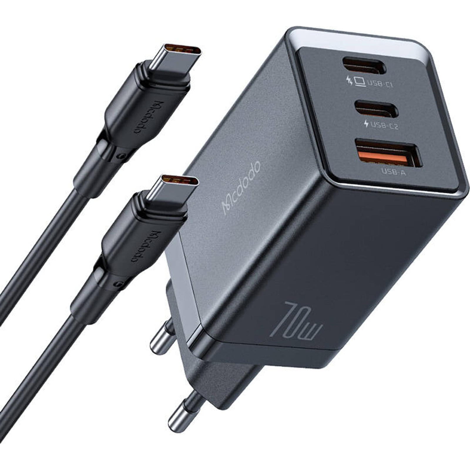 GaN Mcdodo CH-1543 network charger, 2x USB-C, 1x USB, 67W + USB-C to USB-C 2m cable (black) (CH-1543)
