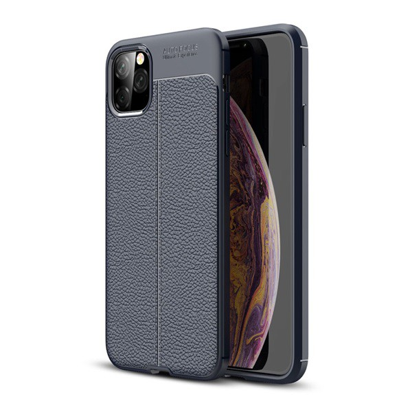Szilikon telefonvédő (közepesen ütésálló, bőr hatású, varrás minta) SÖTÉTKÉK [Apple iPhone 11 Pro Max] (5996457901562)