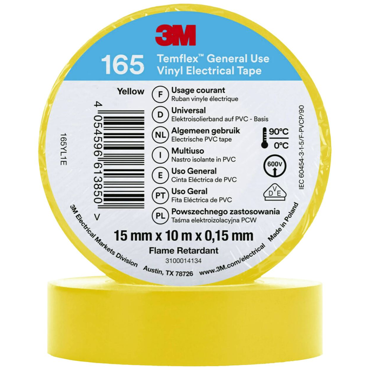 3M Temflex 165 165YL1E vinil szigetelőszalag, sárga, 10 m x 15 mm (165YL1E)