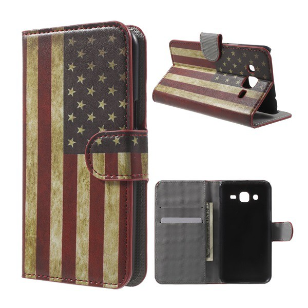 Tok álló, bőr hatású (FLIP, oldalra nyíló, asztali tartó funkció, zászló minta) USA [Samsung Galaxy J2 (SM-J200)] (5996457605194)