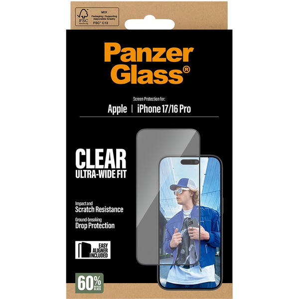 PanzerGlass ® Screen Protector iPhone 17 | iPhone 16 Pro | Ultra-Wide Fit w. EasyAligner Klar skærmbeskytter Apple 1 stk