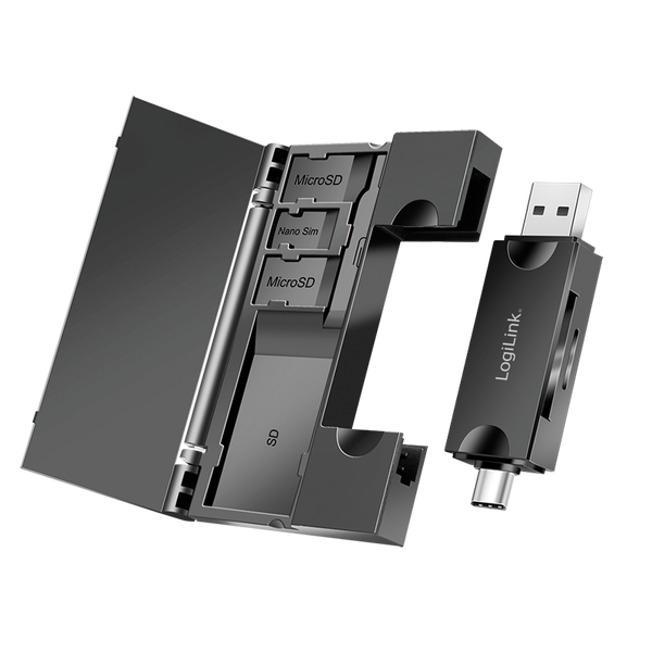 Четец на карти USB 3.2 Gen1, LogiLink, SD и microSD, памет за карти, 9,5x6,2x0,55 cm