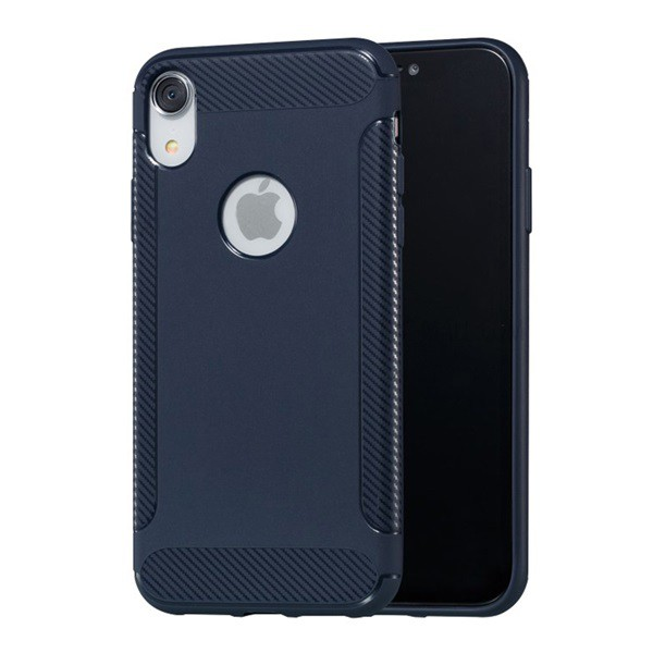 Szilikon telefonvédő (közepesen ütésálló, karbon minta, logo kivágás) SÖTÉTKÉK [Apple iPhone XR 6.1] (5996457818167)