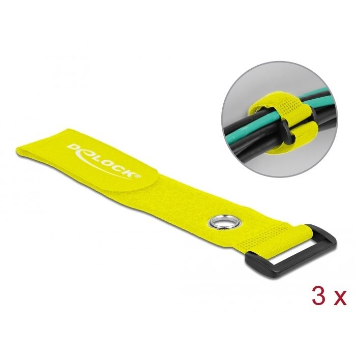 Delock befűzős kábelkötegelő tépőzárral és szorító karikával 280x38mm 3db sárga (19552) (DE19552)