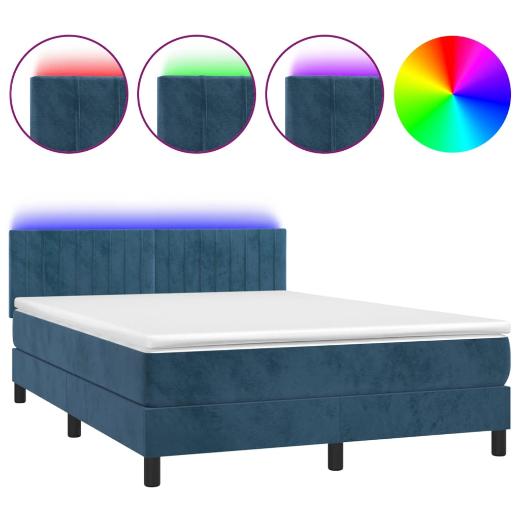 sötétkék bársony rugós és LED-es ágy matraccal 140x190 cm (3134523)