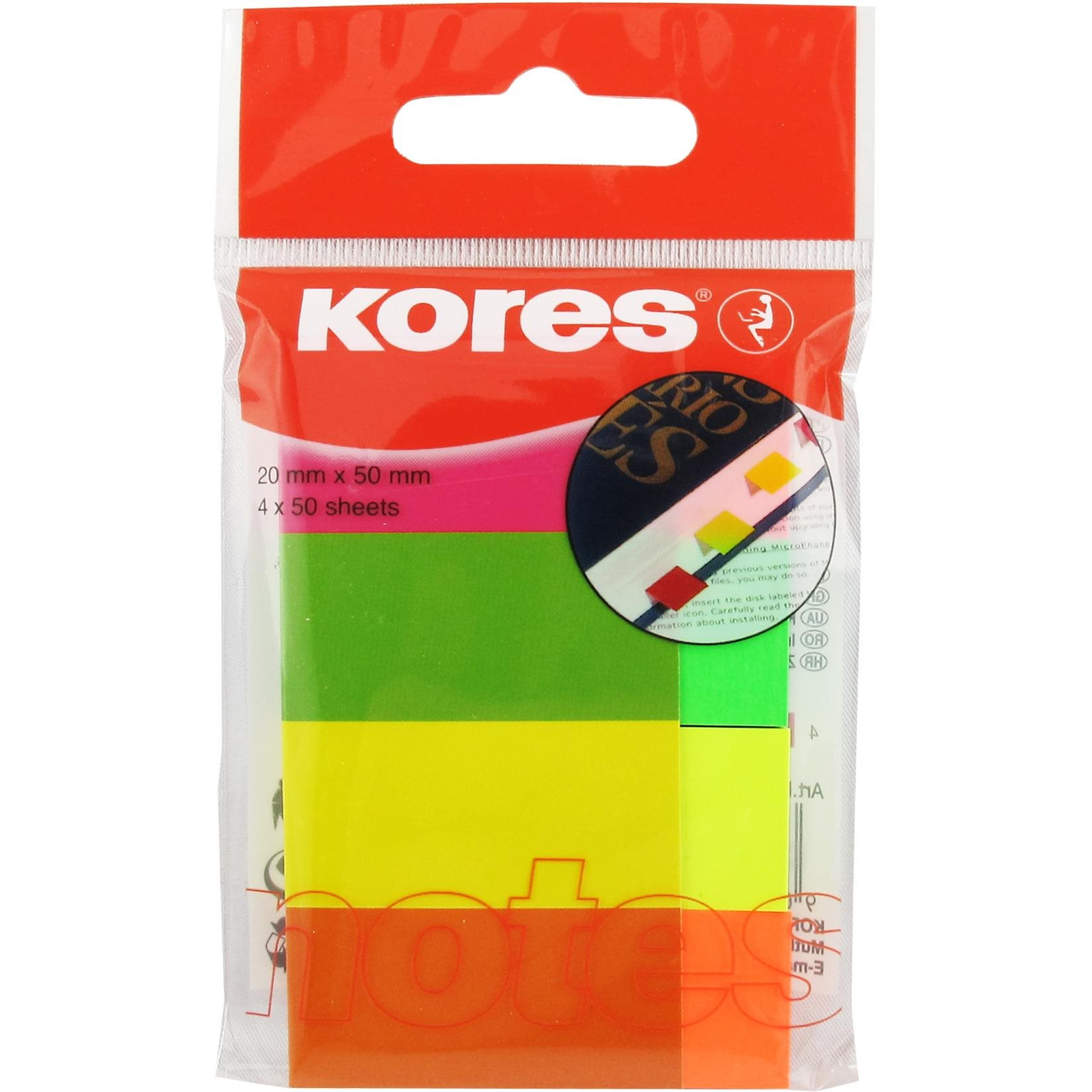 KORES 20 x 50 mm, 4 x 50 lap, többféle neon színű papír címkék (45104)
