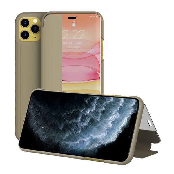 Tok álló, bőr hatású (FLIP, oldalra nyíló, asztali tartó funkció, hívószámkijelzés, View Window) BARNA [Apple iPhone 11 Pro] (5996591013961)