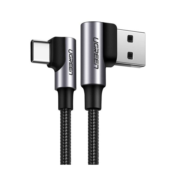 UGREEN adatkábel és töltő (USB - Type-C, 3A, gyorstöltés támogatás, 90 fokos, 50cm, törésgátló, cipőfűző minta) FEKETE (US176 20855)
