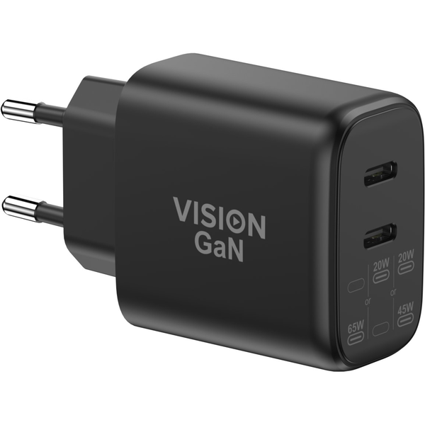 Aus MFI-zertifizierter Fabrik - Dual USB-C-Buchse - EU CEE 7/7 Schuko-Stecker - liefert 65 W vom Hauptanschluss - Bei Nutzung des zweiten Anschlusses sinkt die Leistung auf 45 W und der zweite Anschluss liefert 20 W - GaN-Technologie macht dies sehr