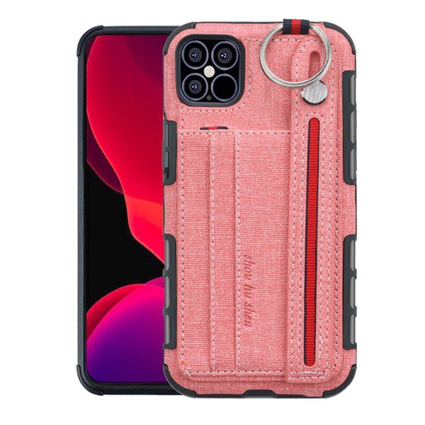 Szilikon telefonvédő (közepesen ütésálló, asztali tartó funkció, bankkártya tartó, textil hátlap + kézpánt) RÓZSASZÍN [Apple iPhone 12 mini] (5996591002699)
