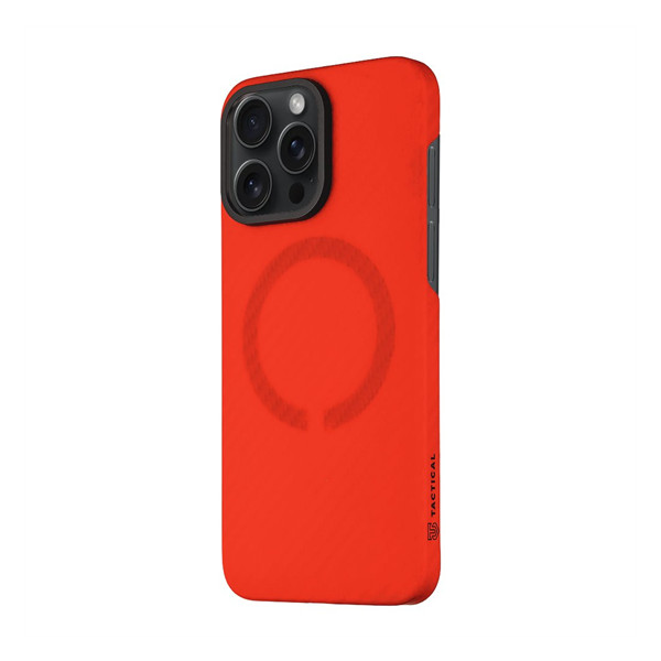 Apple iPhone 15 Pro Max, Műanyag hátlap védőtok, közepesen ütésálló, aramidszállal, Magsafe töltővel kompatibilis, karbon minta, Tactical MagForce Aramid, piros (8596311256493)