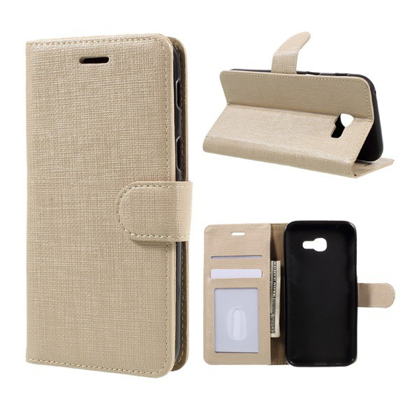 Tok álló, bőr hatású (FLIP, oldalra nyíló, asztali tartó funkció, textil hatás) ARANY [Samsung Galaxy A3 (2017) SM-A320F] (5996457680351)