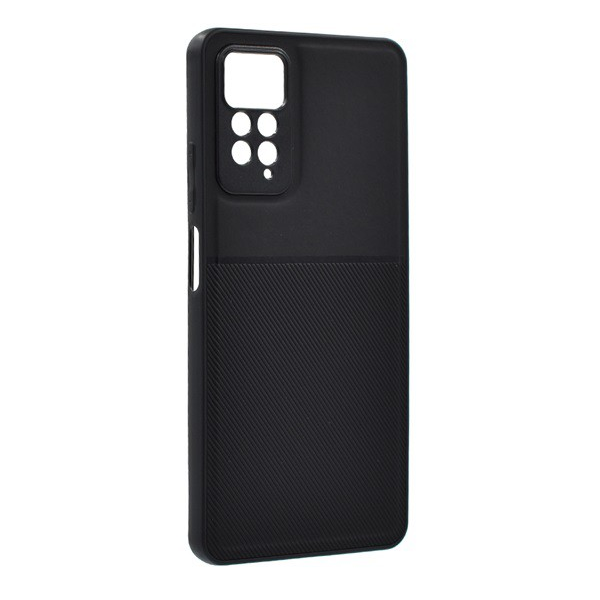 Műanyag telefonvédő (szilikon keret, közepesen ütésálló, beépített fémlemez, bőr hatású hátlap, csíkos minta) FEKETE [Xiaomi Redmi Note 11 Pro] (5996591212739)