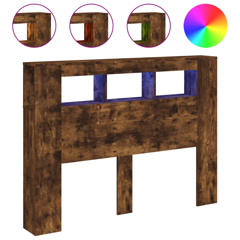 füstüs tölgy színű szerelt fa LED-es fejtámla 140x18,5x103,5 cm (837348)