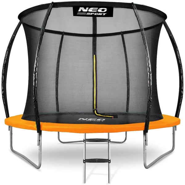 Kerti trambulin, Neo-Sport, fekete/narancssárga, átmérő: 312 cm, kerek, magasság: 65 cm, 180 cm belső védőháló, létra, acél váz, 3 dupla láb, 150 kg teherbírás, 54 db rugó, íves oszlopok
