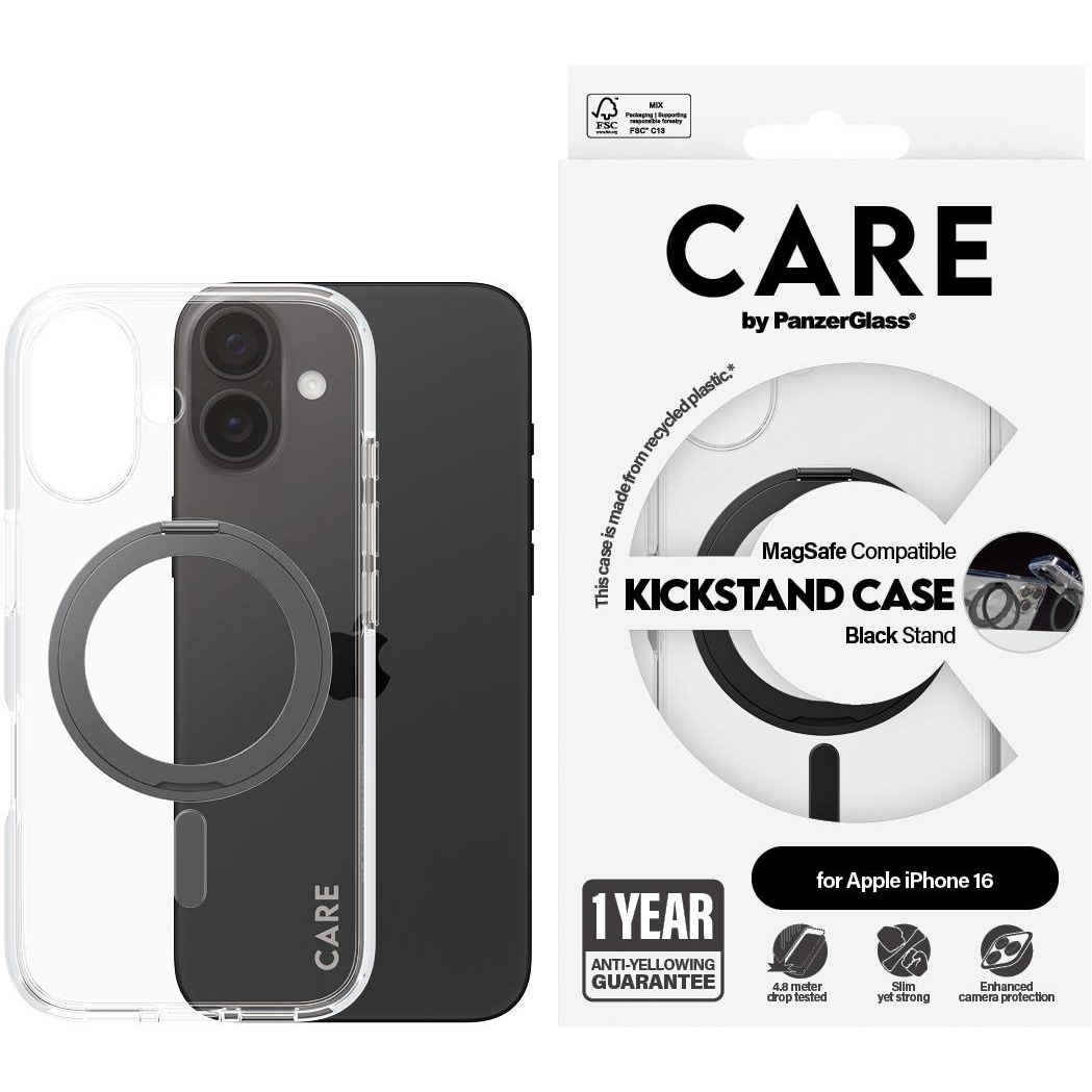 PanzerGlass CARE Apple iPhone 16 MagSafe KickStand átlátszó/fekete nem sárguló tok (1321)