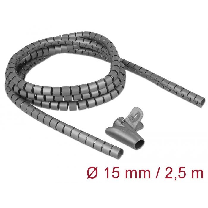 Delock spirális kábelburkolat behúzó eszközzel 2,5m x 15mm szürke (18843) (delock18843)